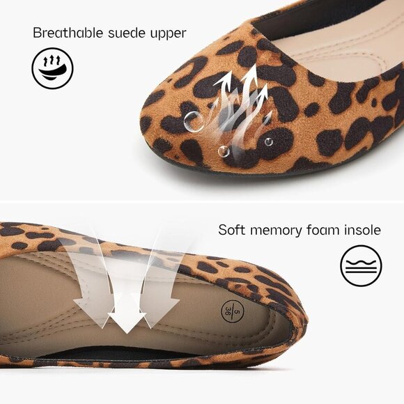 Women Brown-Leopard Round Toe Flats Pull-on Comfortable Ballerina Dress Shoes - Picture 2 of 9